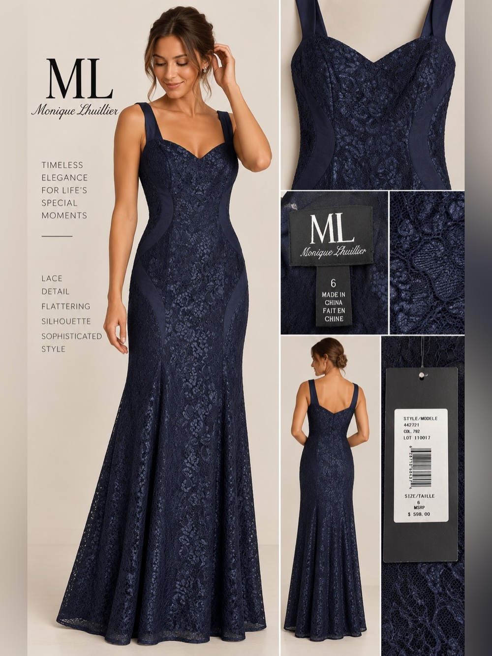 ML Monique Lhuillier Lace Evening Gown Navy Blue Size 6 NWT $598